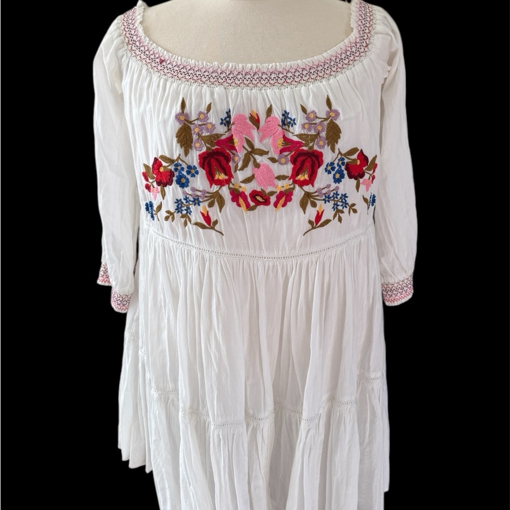 Free People White Mini Dress with Pink and Red Floral Embroidery
